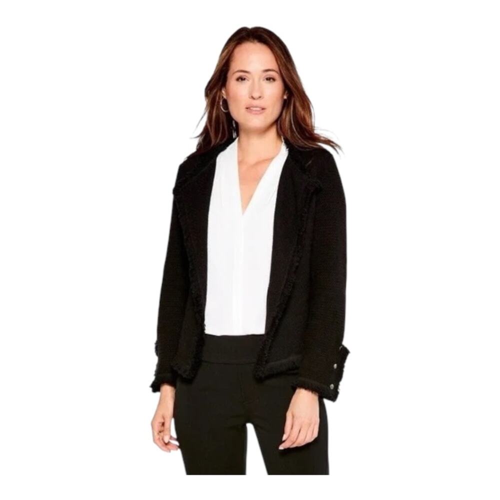 Nic+Zoe Black Fringe Mix Knit Jacket Open Front XL
